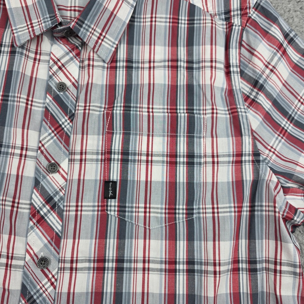 TravisMathew Button Down Shirt Mens Large Red Gray Plaid Short Sleeve Golf - Picture 9 of 12